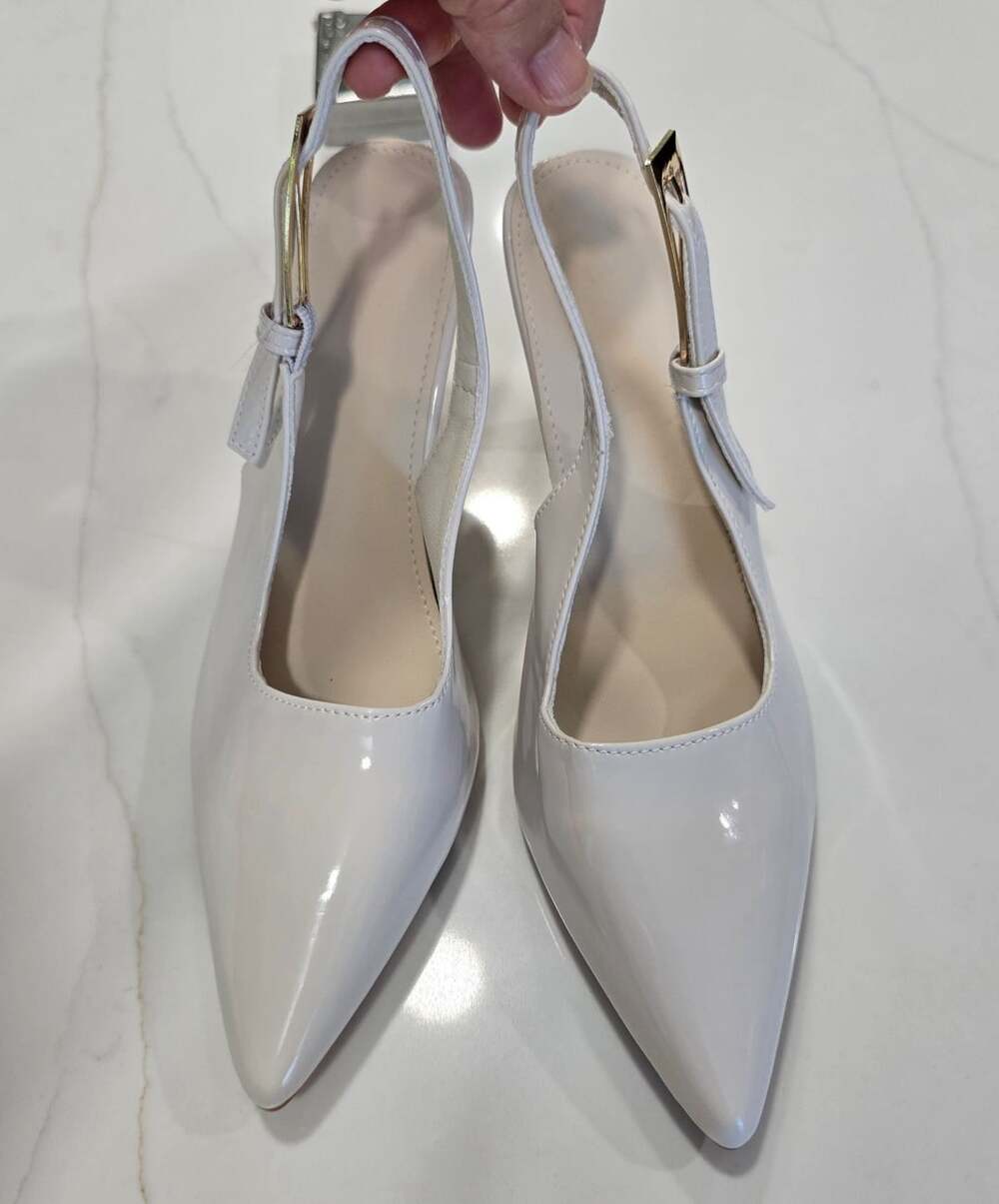 White Patent Leather Pointed Toe Slingback Heels with Gold Buckle